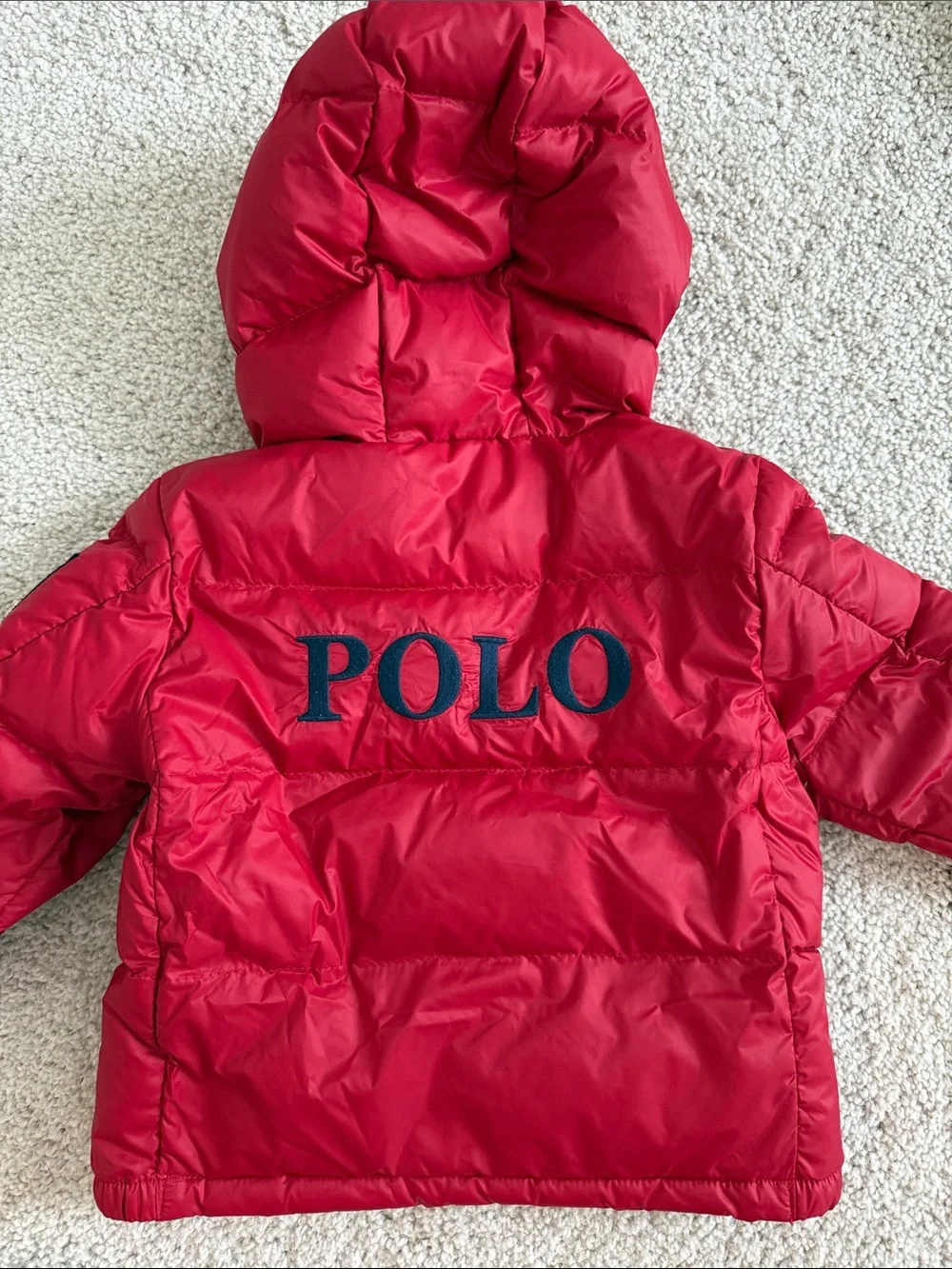 Ralph Lauren Kids Red Hooded Puffer Jacket with Navy Trim